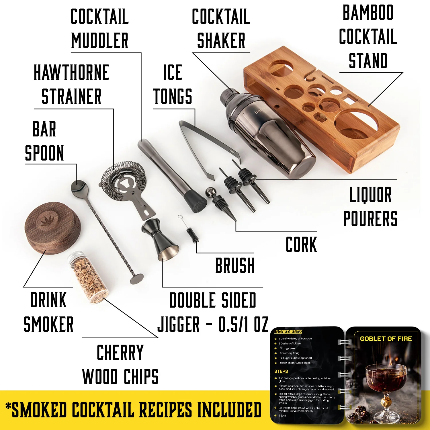 Bamboo Stand Bartender Kit with Whiskey Smoker - 13 pcs - Image 5