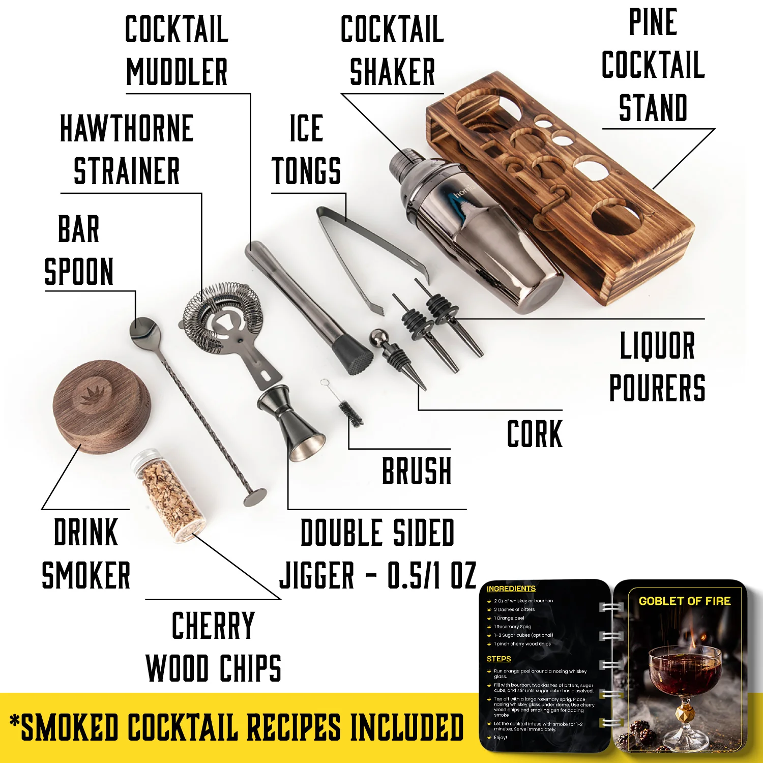 Pine Stand Bartender Kit with Whiskey Smoker - 13 pcs - Image 4