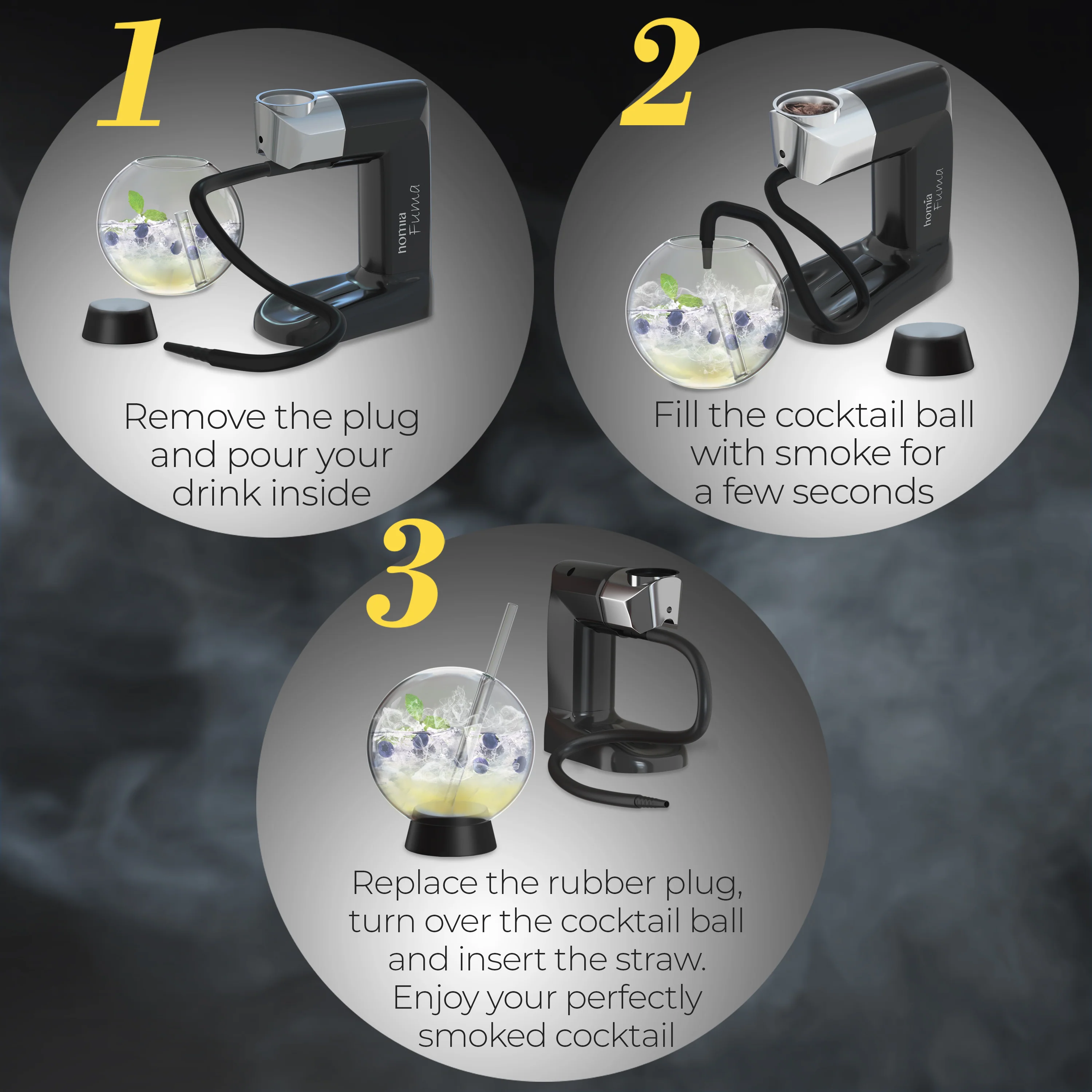 Smoking Gun Wood Smoke Infuser Cocktail Ball - 2 pcs, Food Smoke Infuser Accessory - Cocktail Ball Glass with Glass Straw for Drink Smoker, 12 Oz (350 ml), Black Plug - Image 5