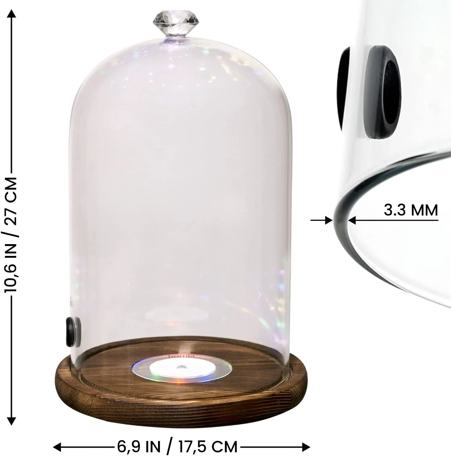 Tall Glass Dome with center LED lights Wooden Base - Image 5