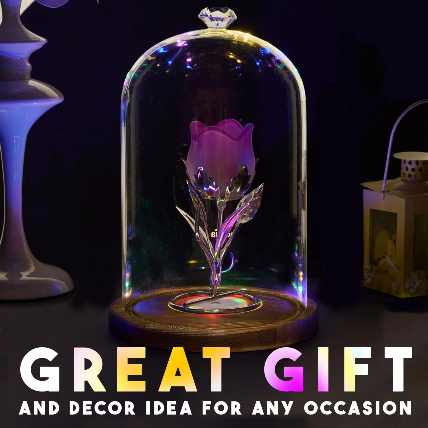 Tall Glass Dome with center LED lights Wooden Base - Image 7