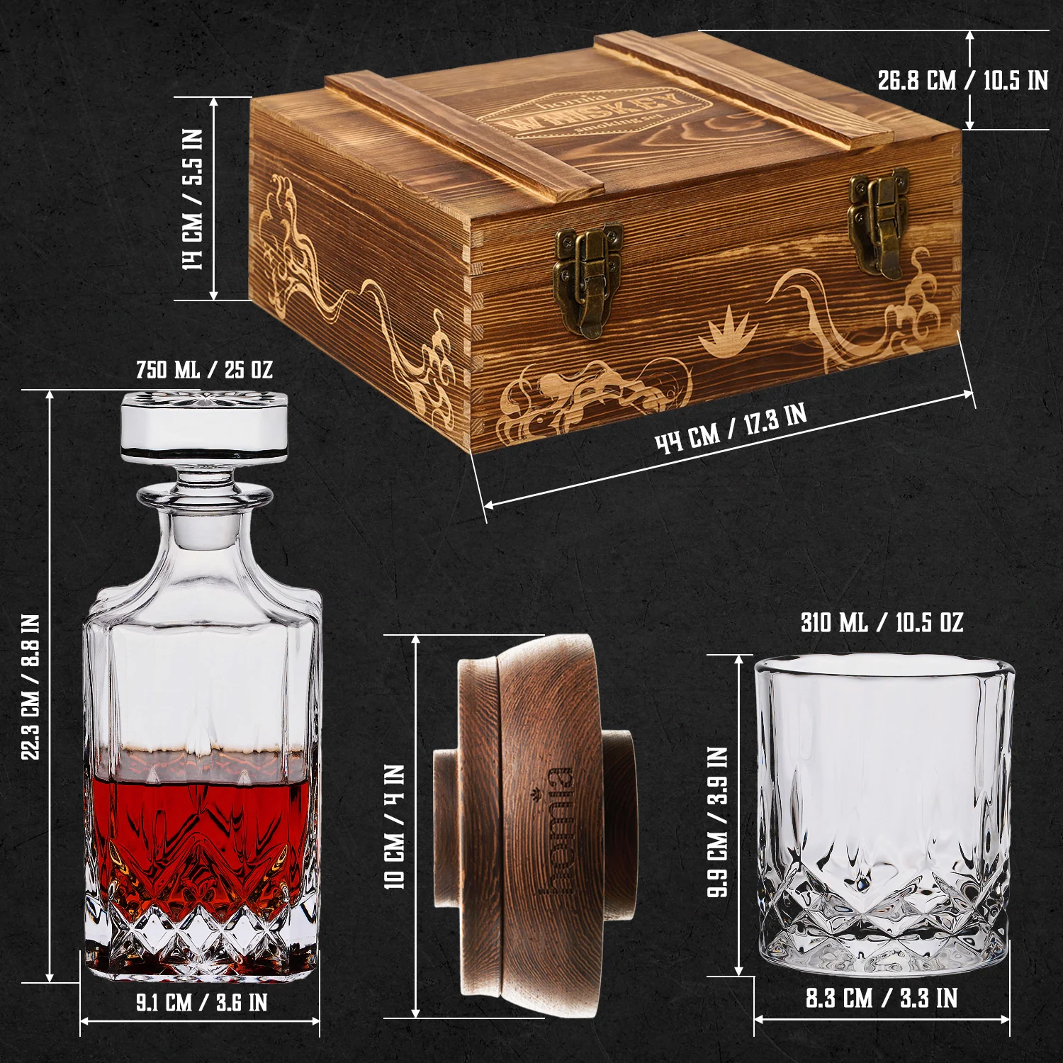 Whiskey Gift Set - Whiskey Pattern Bottle and Old Fashioned Glasses - 14 pcs - Image 3